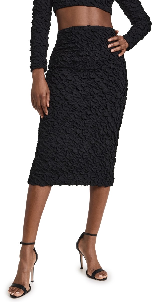 Dur Doux Puckered Knit Midi Length Skirt Black