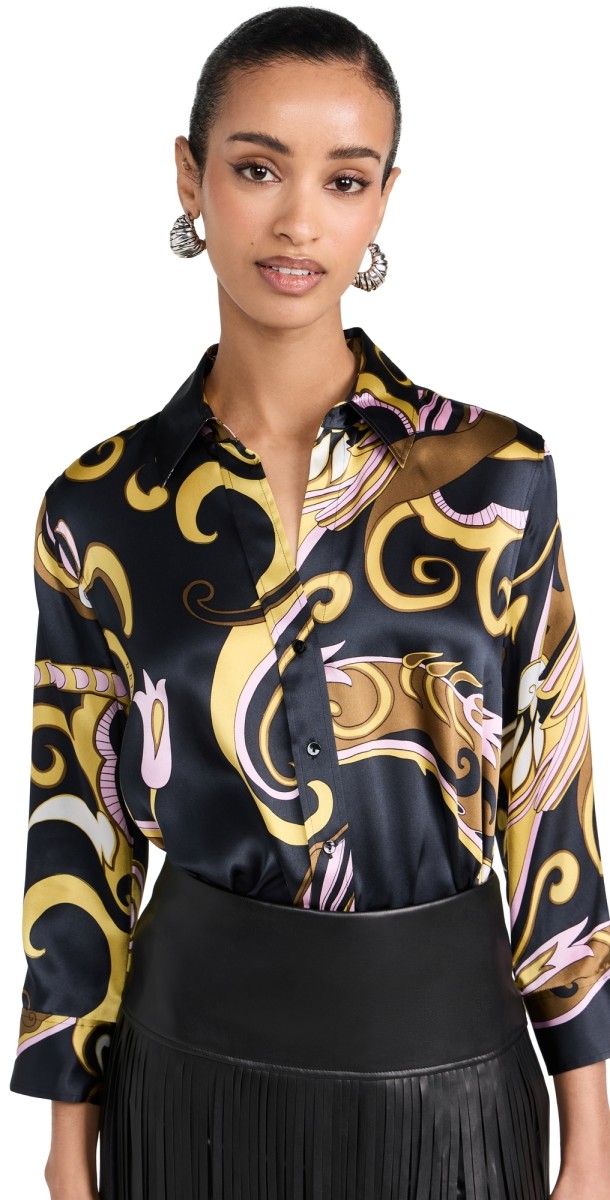 L'AGENCE Dani 3/4 Sleeve Shirt Olive Multi Abstract Scarf