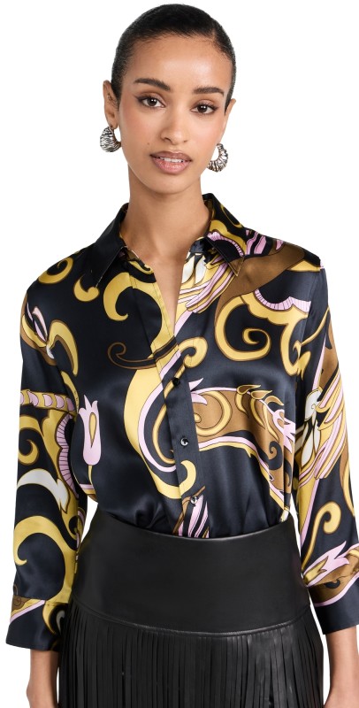 L'AGENCE Dani 3/4 Sleeve Shirt Olive Multi Abstract Scarf