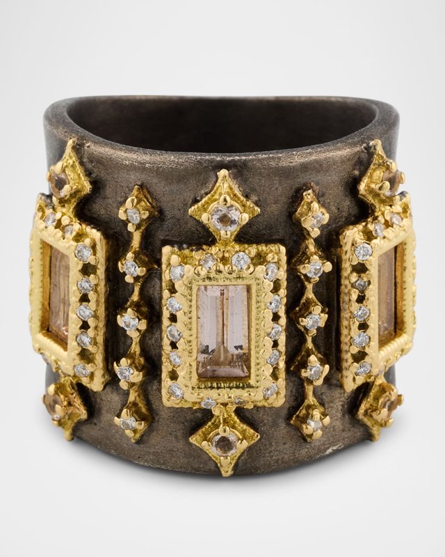 18K Yellow Gold and Antiqued Silver Diamond and Morganite Statement Ring