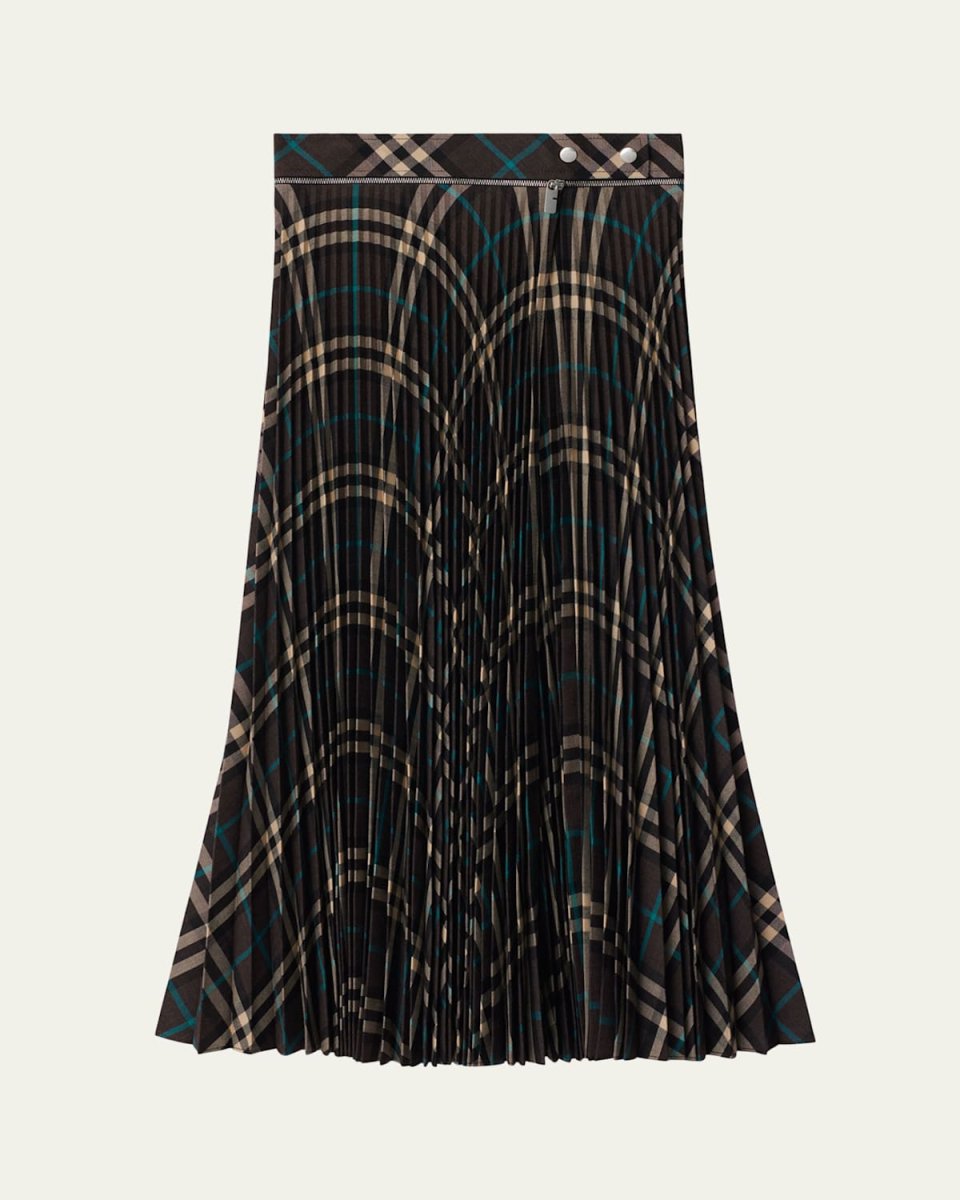 Pleated Check Midi Skirt with Slit