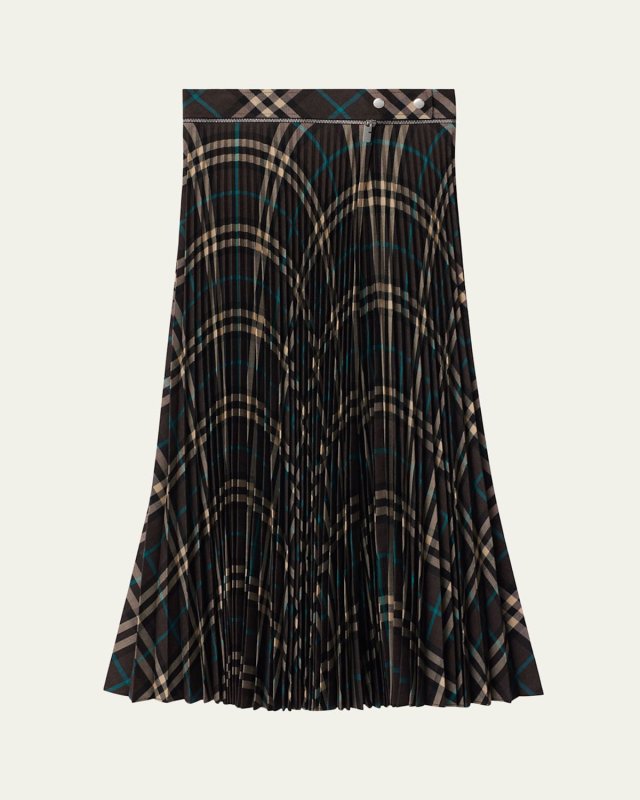 Pleated Check Midi Skirt with Slit