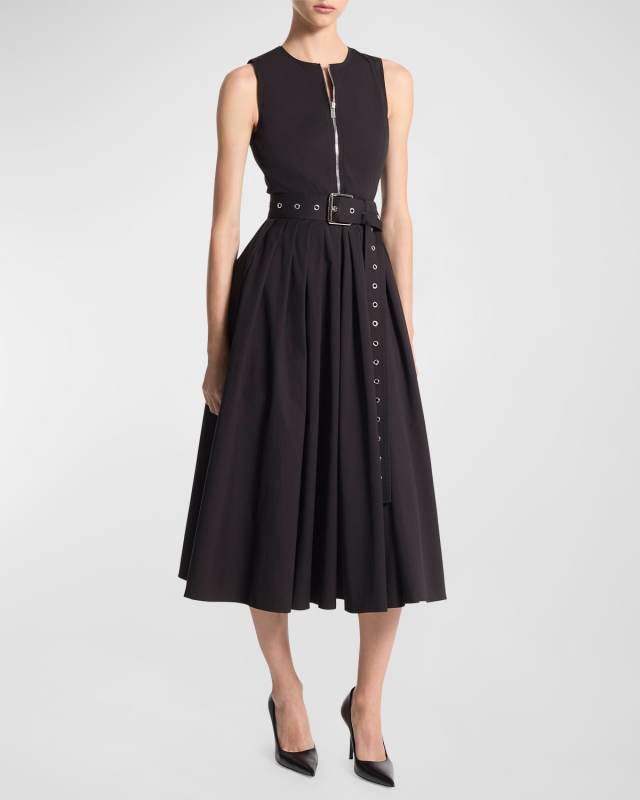 Zip-Up Cotton Poplin Belted Midi Dress