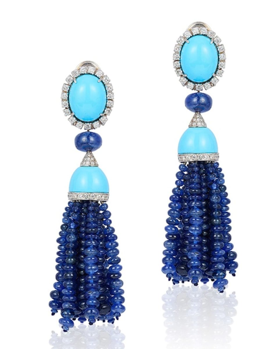 18K White Gold Sapphire and Turquoise Tassel Earrings