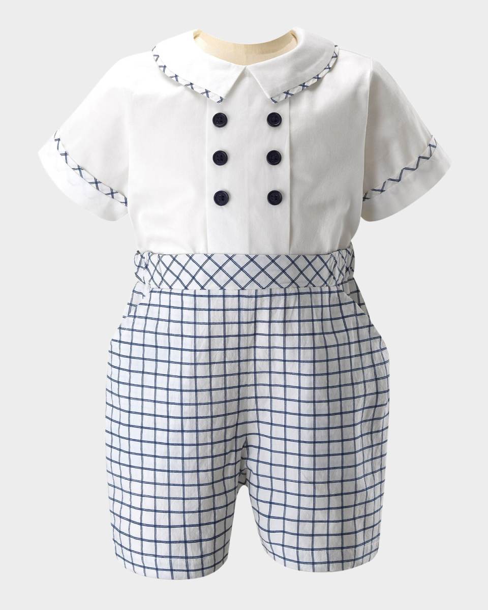 Boy's Collared Check-Print Playsuit, Size 3M-18