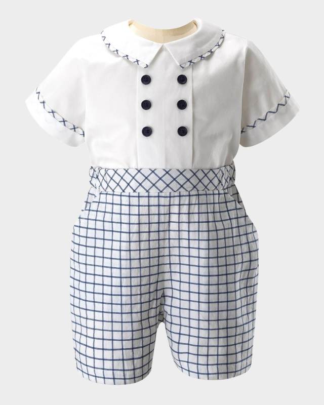 Boy's Collared Check-Print Playsuit, Size 3M-18