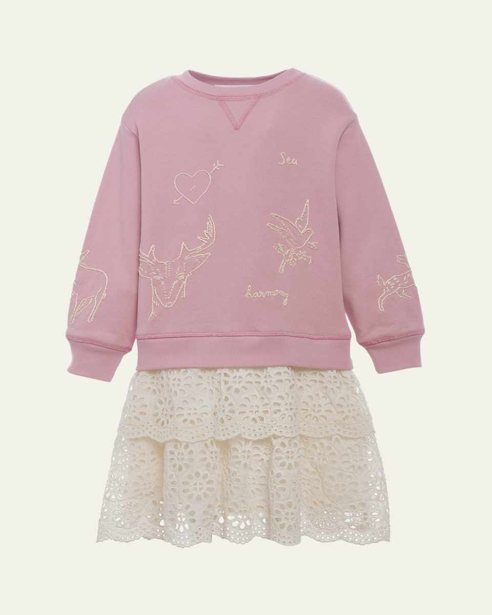 Girl's Lainey Embroidered Combo Sweatshirt Dress, Size 2-
