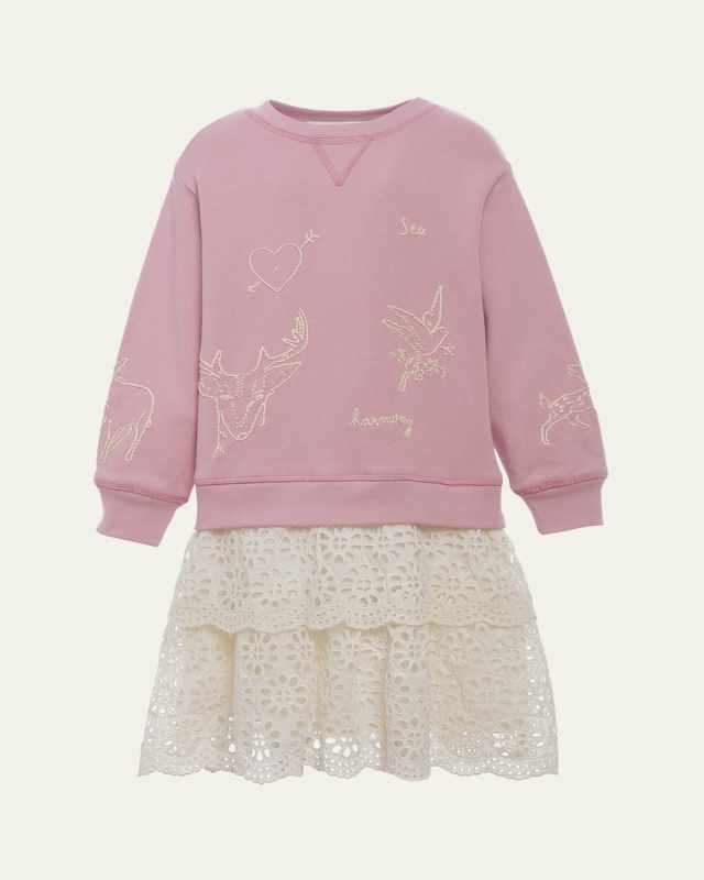 Girl's Lainey Embroidered Combo Sweatshirt Dress, Size 2-