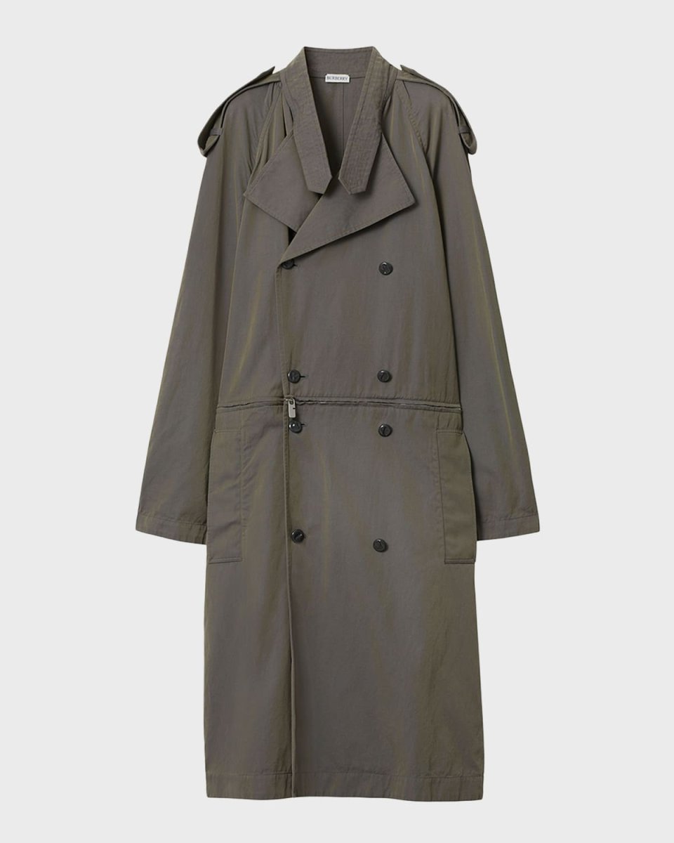 Double-Breasted Long-Sleeve Zipper-Hem Midi Trench Dress