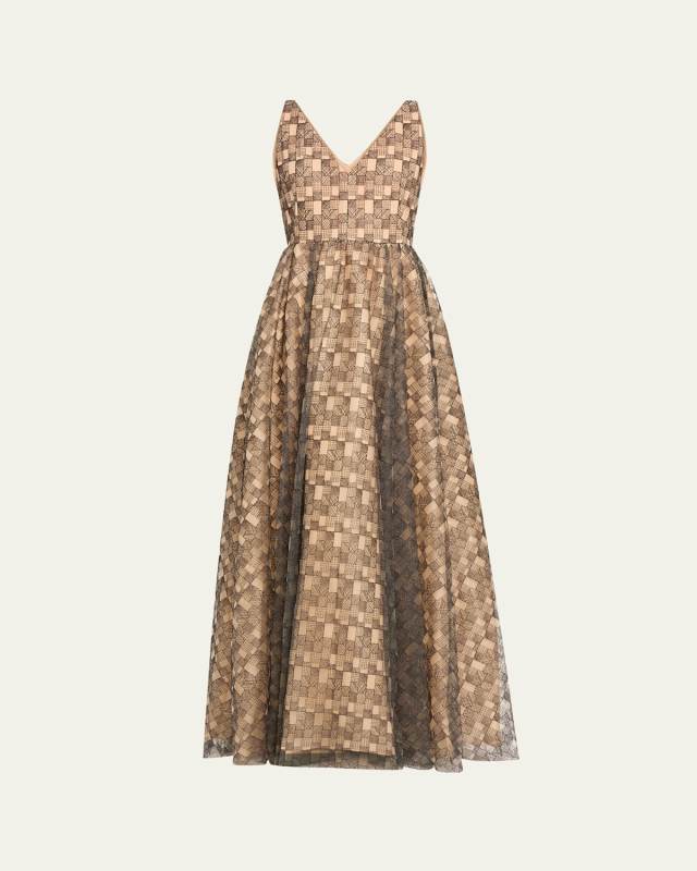 Techno Tulle Lizzi Grid Embroidered Gown