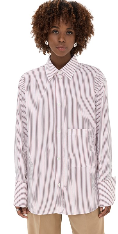 Róhe Shirt with Large Cuffs and Fraying Details White/Port Stripe
