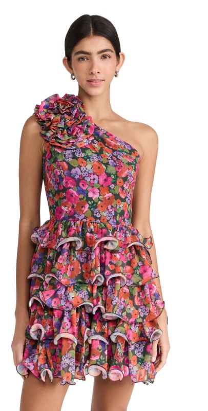 AMUR Malti One Shoulder Mini Dress Vintage Flowers