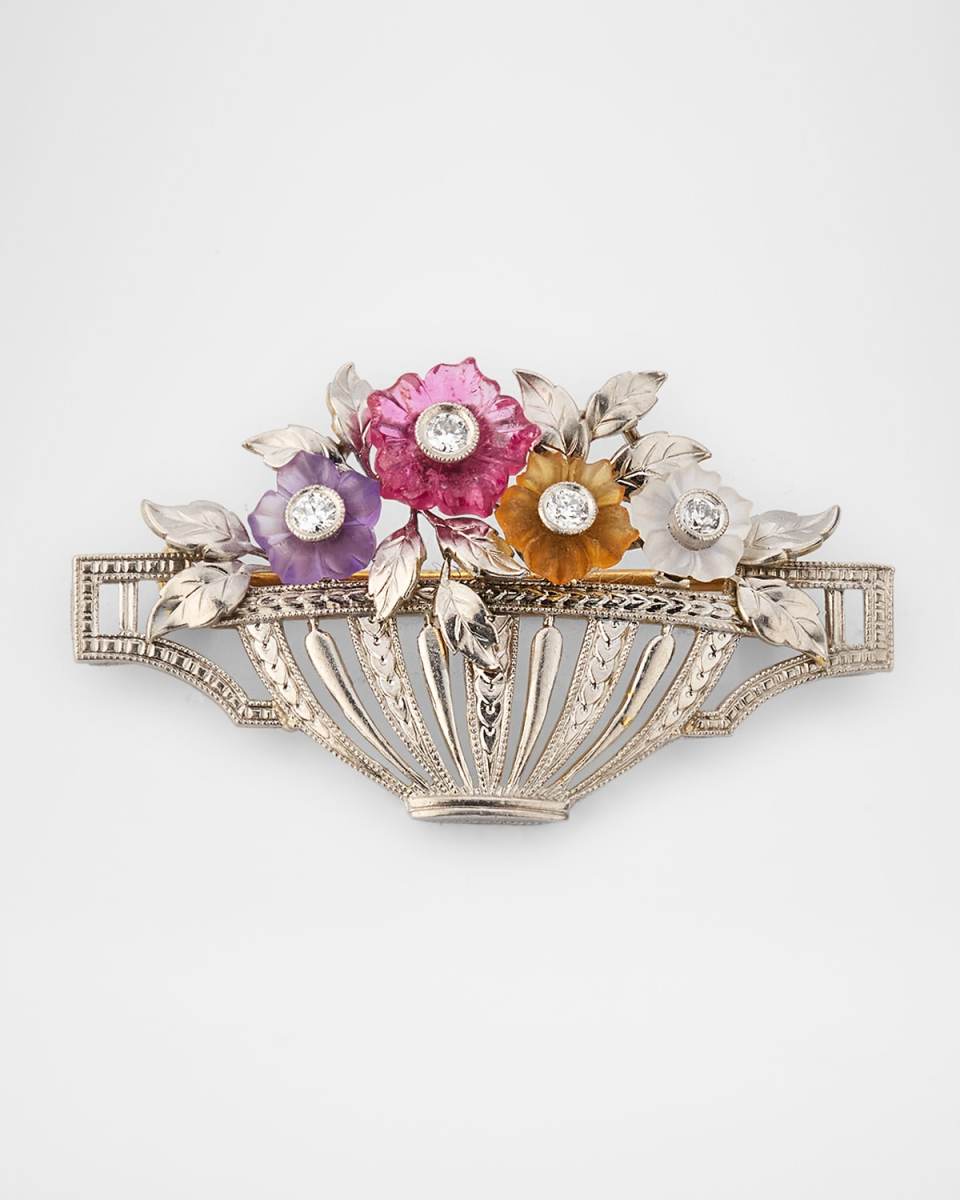 Estate Platinum and 14K Gold Carved Mixed-Stone Flower Basket Brooch with Diamonds