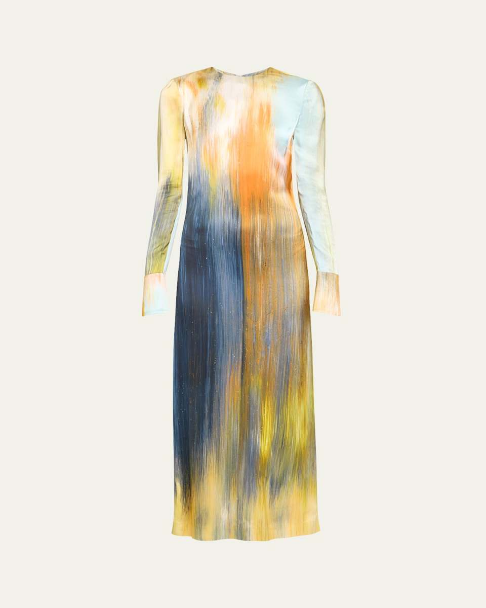 Abstract Marocaine-Print Long-Sleeve Satin Midi Dress