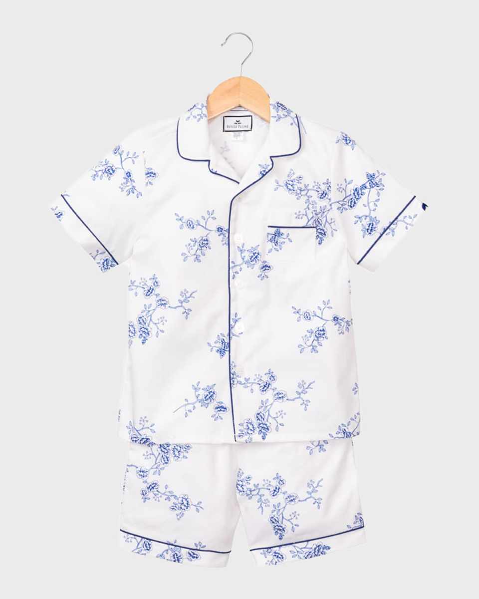 Kid's Classic Floral-Print Pajama Set w/ Contrast Piping, Size 6M-14