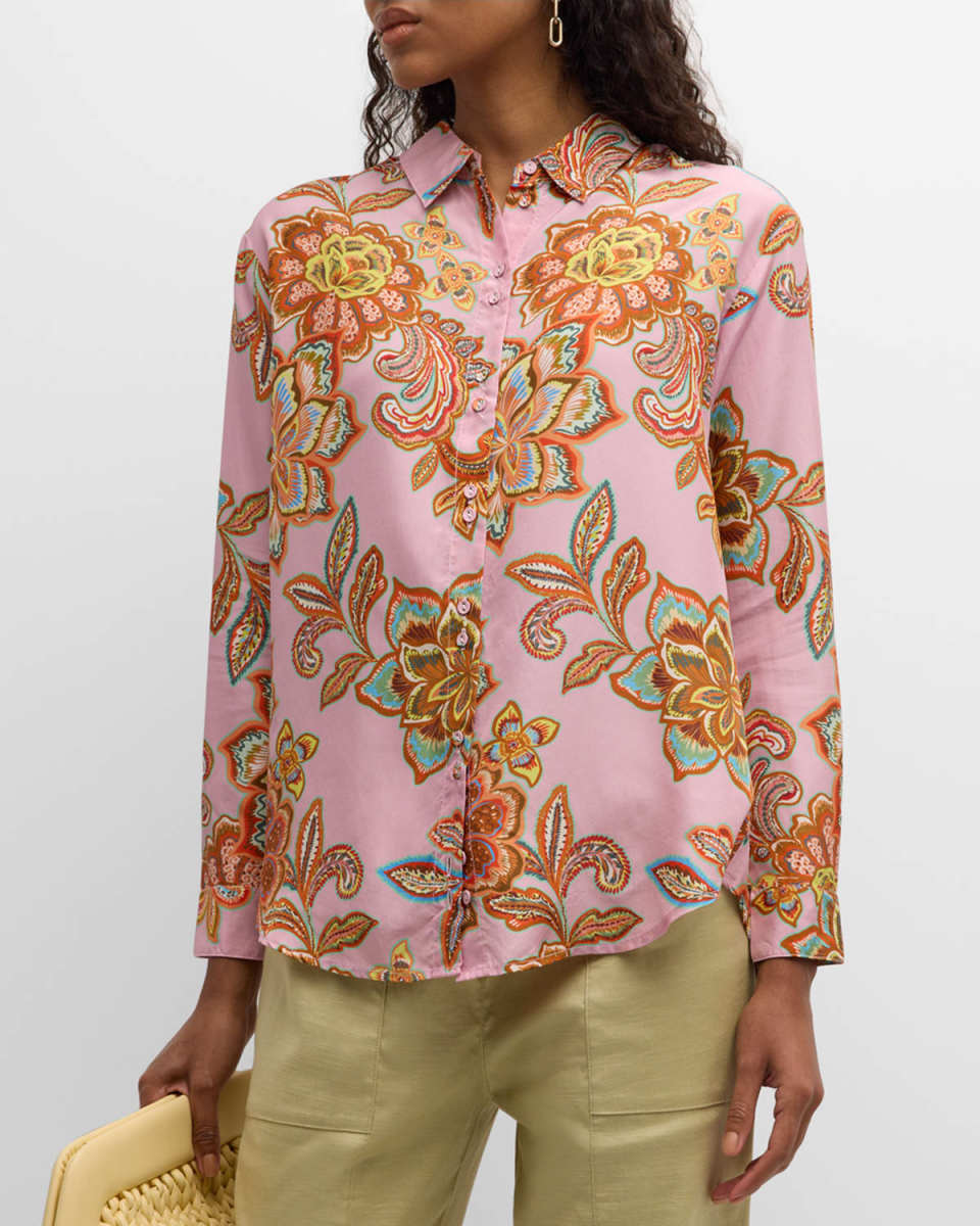 Floral-Print Button-Down Silk Shirt