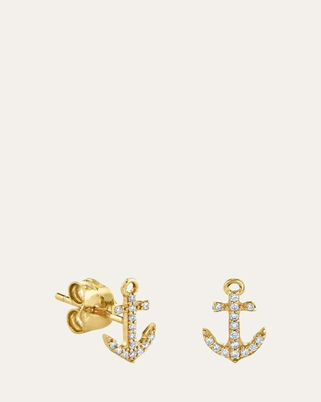 14K Yellow Gold Diamond Tiny Anchor Stud Earrings