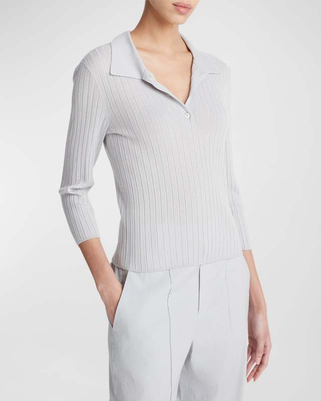 Ribbed 3/4-Sleeve Polo Shirt
