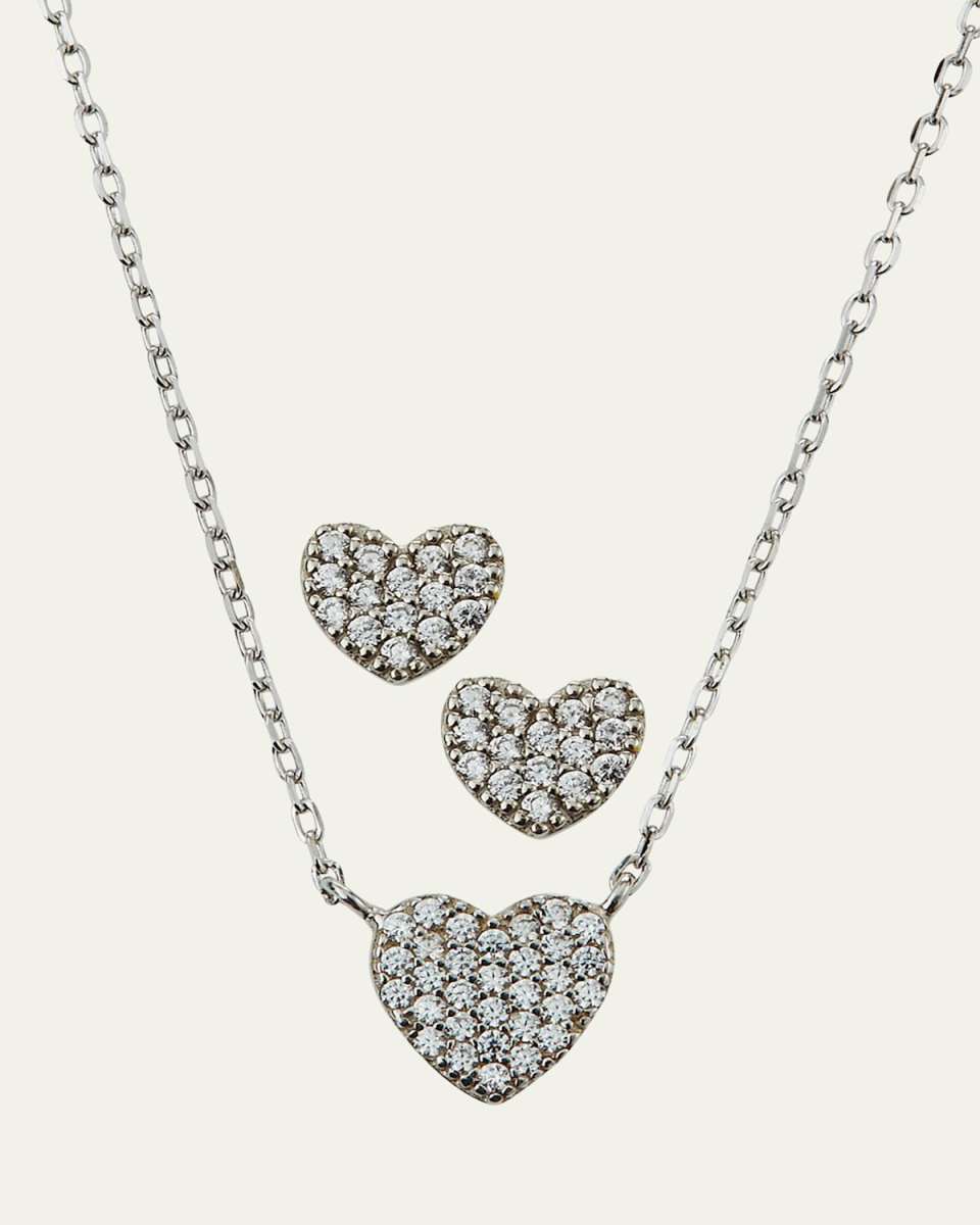 Girl's Pave Heart Necklace w/ Matching Stud Earrings Set