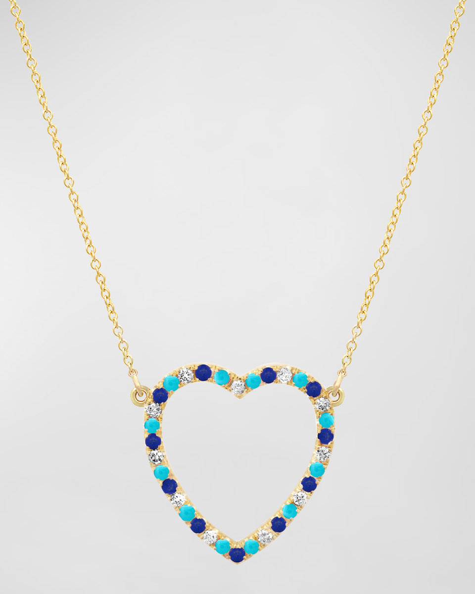 Large Open Heart Pendant Necklace with Mixed Stones