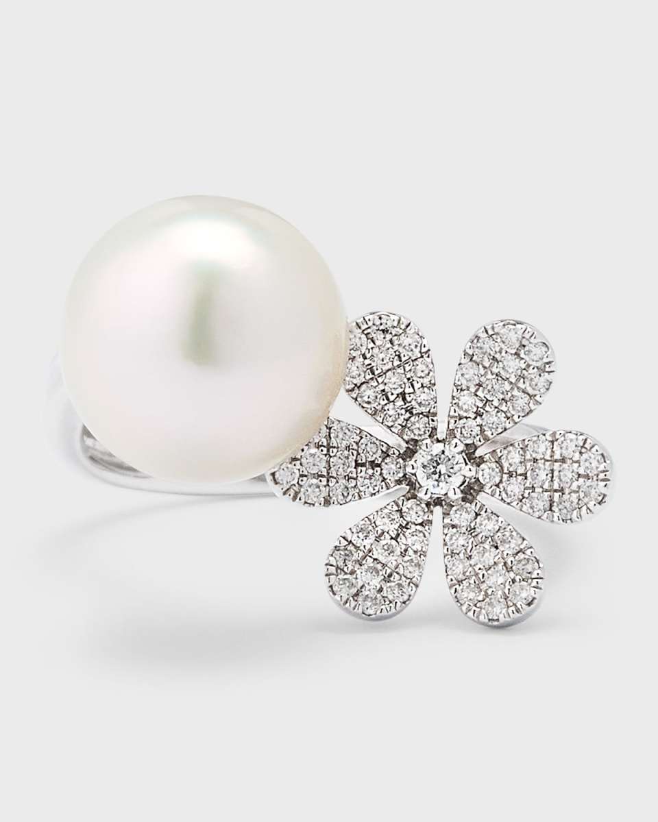 18K White Gold South Sea Pearl and Daisy Flower Pot Ring, Size 6.5