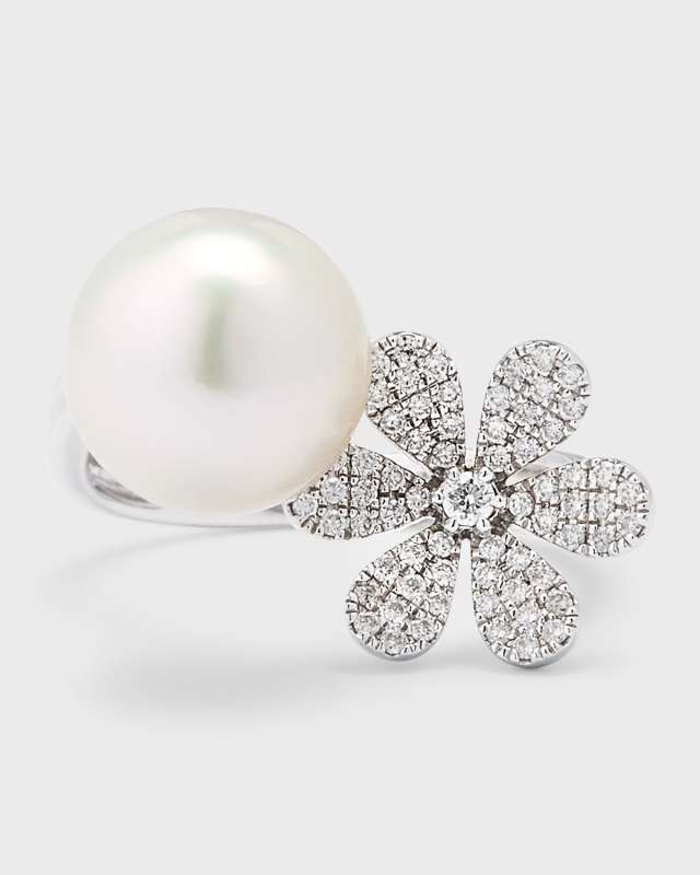18K White Gold South Sea Pearl and Daisy Flower Pot Ring, Size 6.5