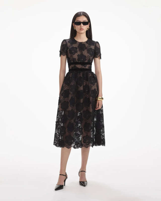 Black Lace Velvet Bow Midi Dress
