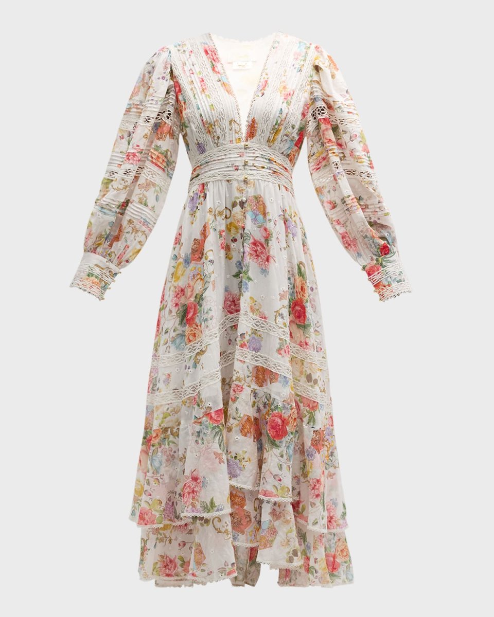 Floral Cotton Button-Front Maxi Dress with Lace Inserts