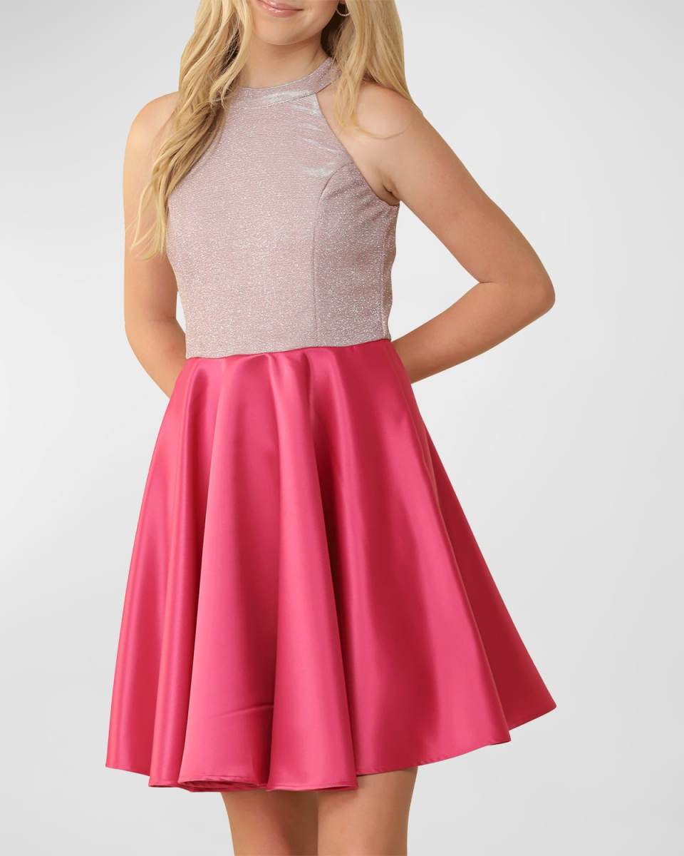 Girl's Glitter And Satin Halter Dress, Size 7-16