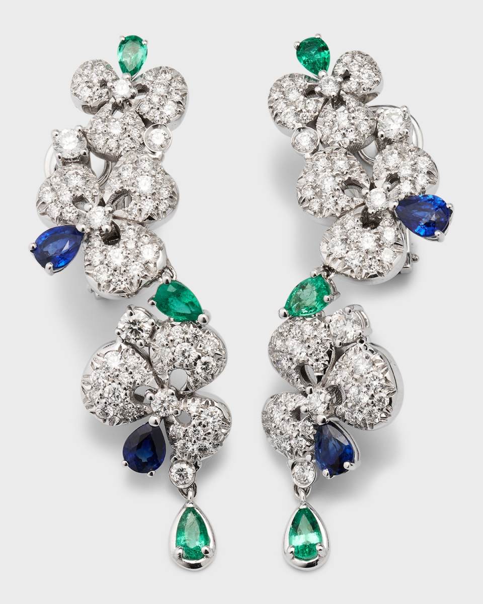 18K White Gold Ischia Diamond, Emerald, and Sapphire Earrings