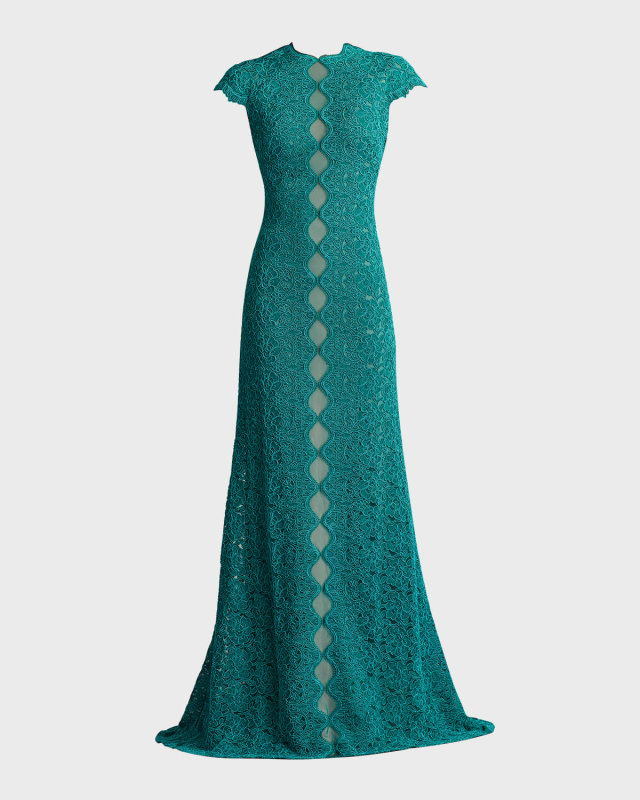 Cap-Sleeve A-Line Floral Lace Gown