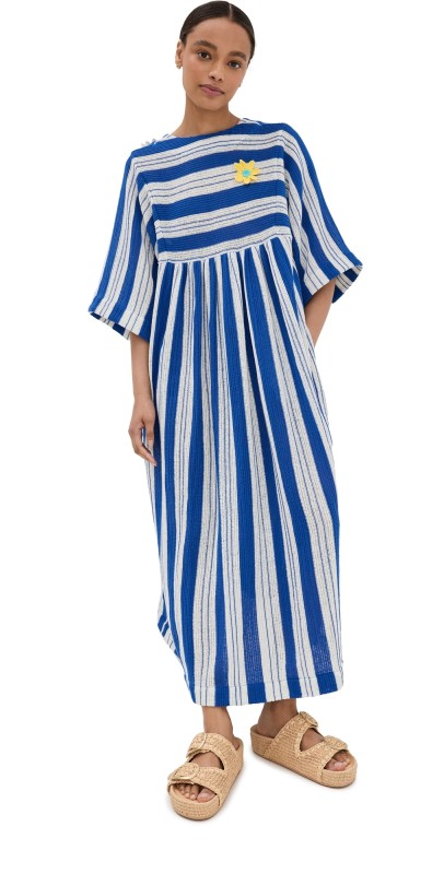 Mira Mikati Crochet Flower Open Back Dress Blue/White
