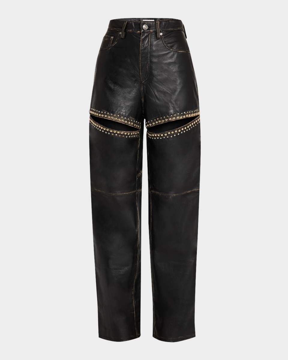 Studded Slit Leather Straight-Leg Jeans