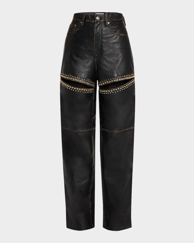 Studded Slit Leather Straight-Leg Jeans