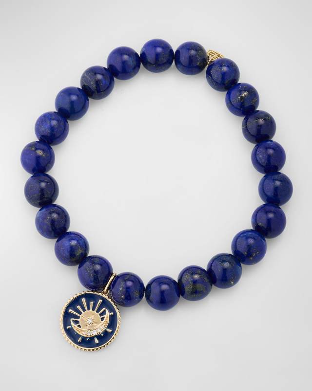 Sun and Moon Medallion Charm on Round Lapis Beaded Bracelet