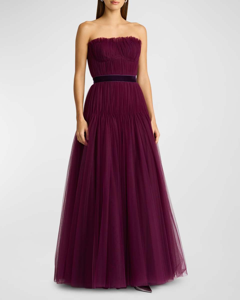 Strapless A-Line Pleated Tulle Gown