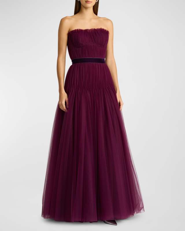 Strapless A-Line Pleated Tulle Gown