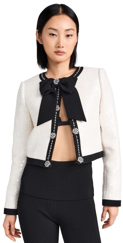 alice + olivia Gwyneth Embellished Cropped Bow Jacket Off White