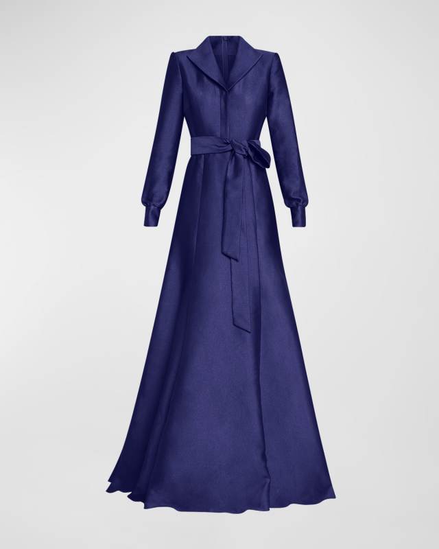 Tie-Waist Shimmer Jacquard Shirt Gown