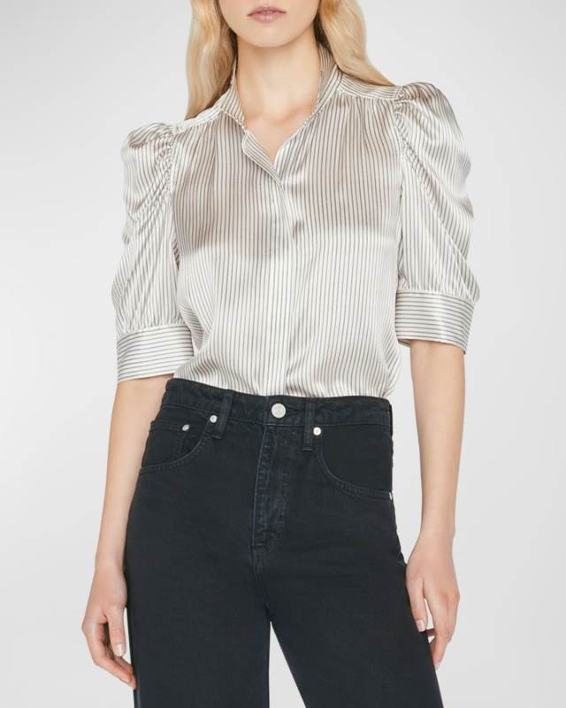Gillian Stripe Silk Ruched-Sleeve Top