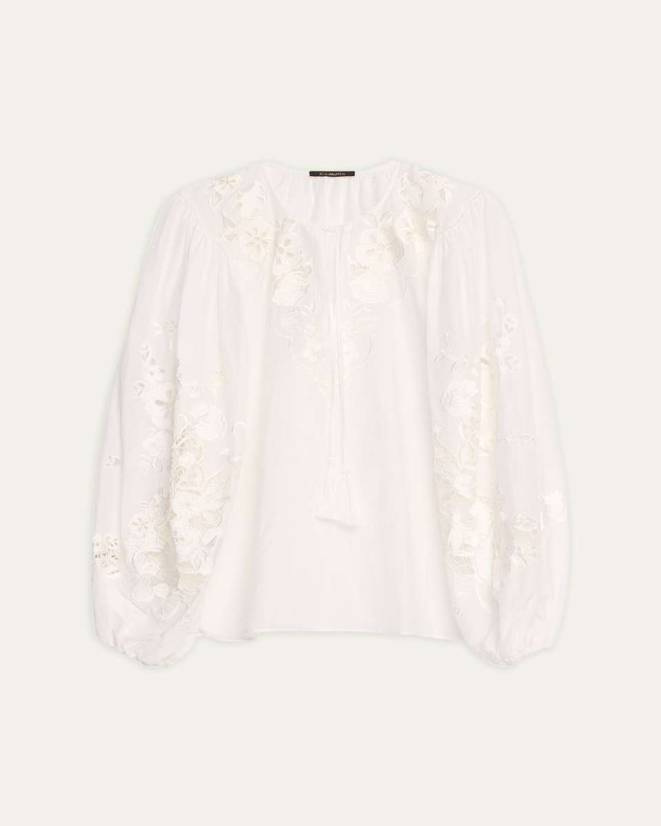 Gloria Floral-Embroidered Blouson-Sleeve Blouse