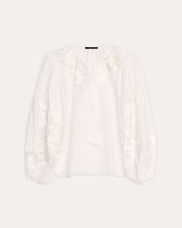 Gloria Floral-Embroidered Blouson-Sleeve Blouse