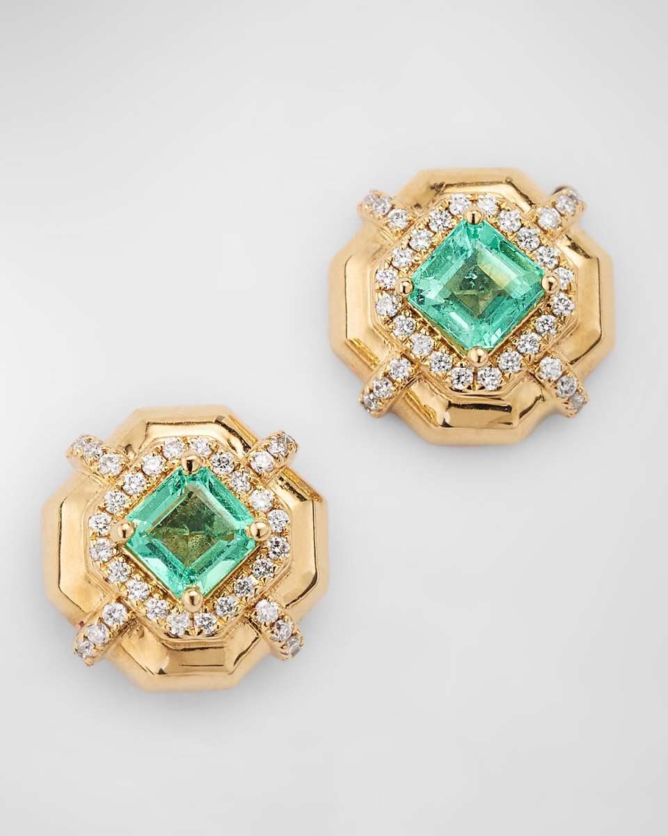 G-Classics' 4mm Asscher Cut Emerald Earrings with Diamonds In 18K Yellow Gold