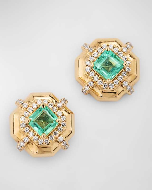 G-Classics' 4mm Asscher Cut Emerald Earrings with Diamonds In 18K Yellow Gold