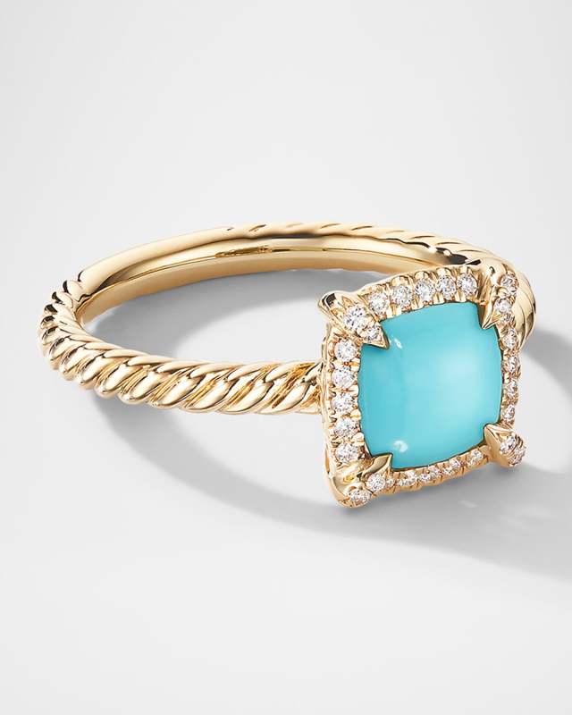 Petite Chatelaine Pave Bezel Ring in 18K Yellow Gold with Turquoise and Diamonds, 7mm
