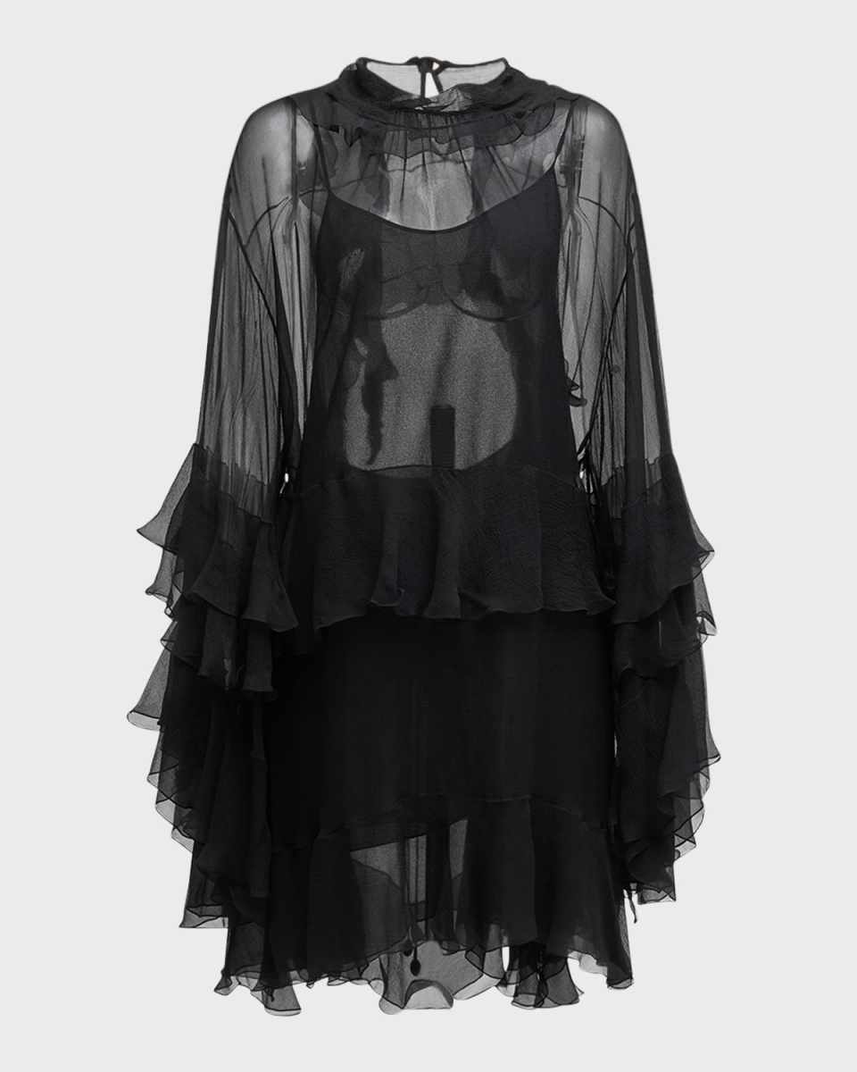 Silk Mousseline Mini Dress with Ruffle Details