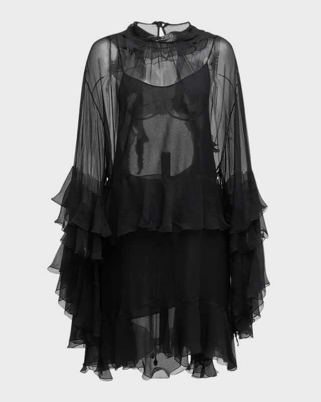 Silk Mousseline Mini Dress with Ruffle Details