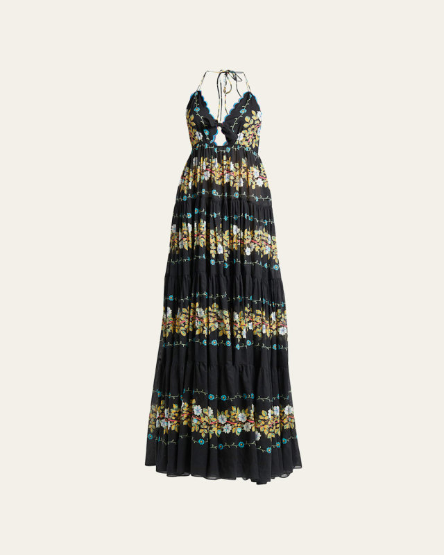 Tiered Embroidered Sangallo Lace Halter Gown