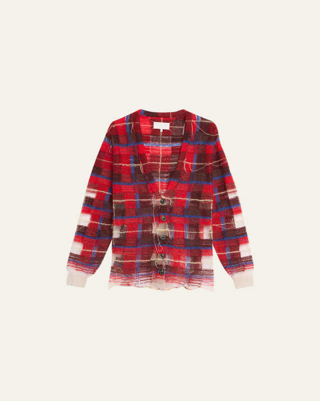 Mohair Plaid Cardigan with Mesh Inset Details