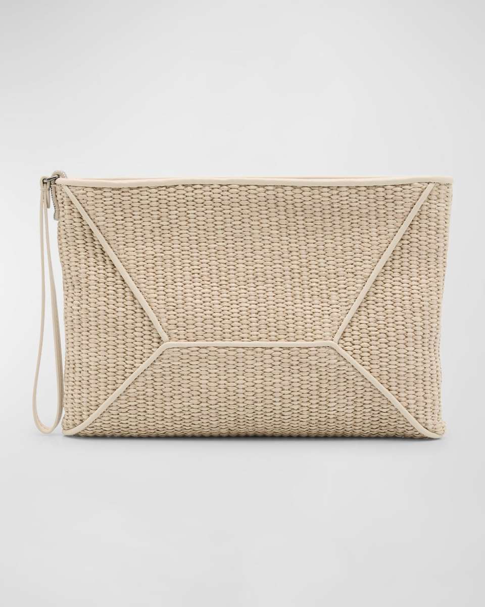 Zip Raffia & Leather Wristlet